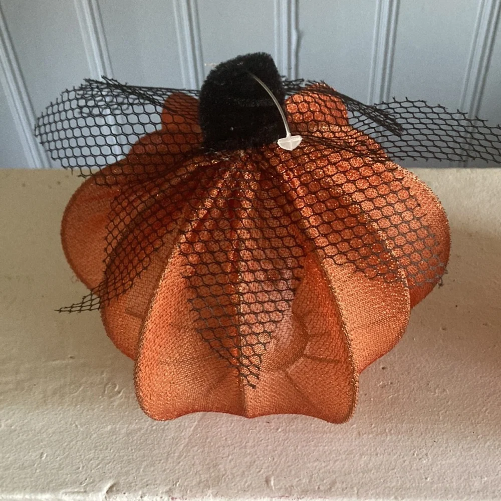 NWT- 2- Elegant Orange Lace Covered Light Up LED Halloween Pumpkin Decorations